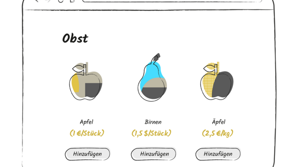 Eine stilisierte Darstellung einer Shopping-Webseite. Oben steht "Obst". Darunter sind drei Obststücke abgebildet: Ein Apfel, unter dem steht "Apfel (1€/Stück)". Eine Birne, unter der steht "Birnen (1,5$/Stück). Ein weiterer Apfel, unter dem steht "Äpfel (2,5 €/kg).