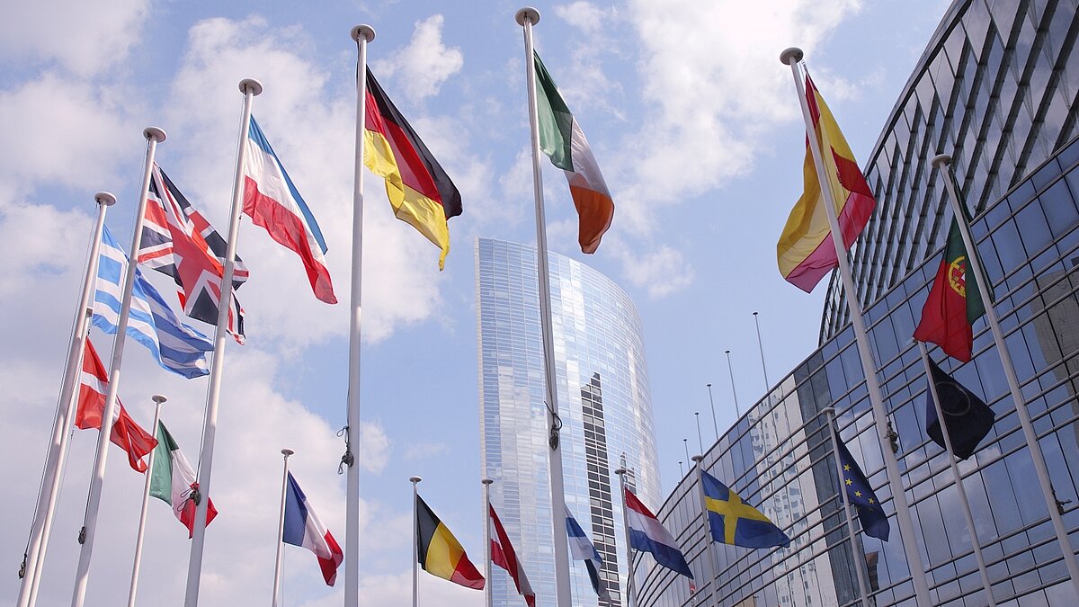 Flaggen der Europäischen Union wehen im Wind.