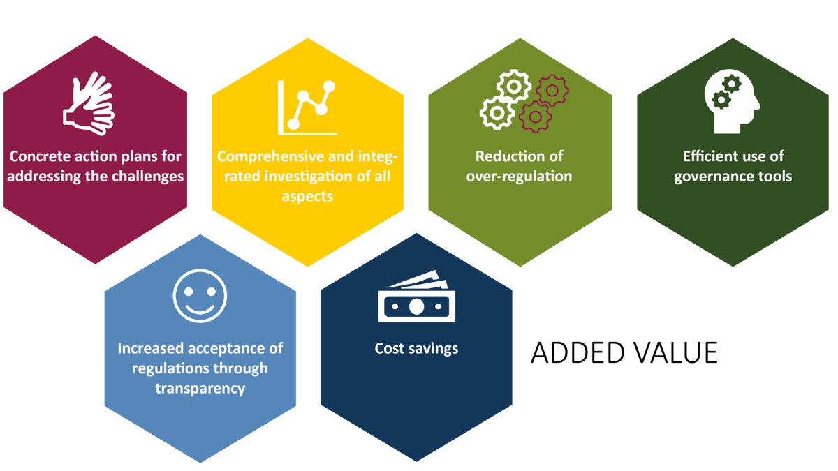 Text graphic with six tiles in two rows showing the added value of NIPAG services: ‘Concrete action plans for addressing the challenges, Comprehensive and integrated investigation of all aspects, Reduction of over-regulation, Efficient use of governance tools, Increased acceptance of regulations through transparency, Cost savings