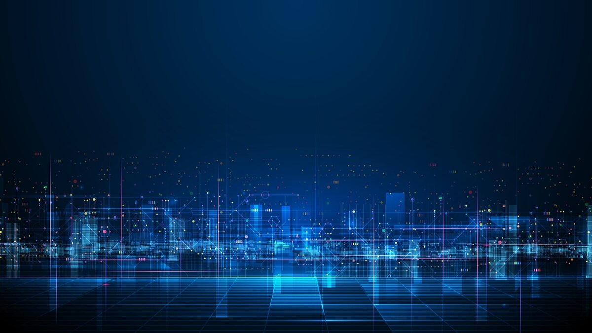 Bild zeigt eine Skyline einer Stadt mit neon Licht.