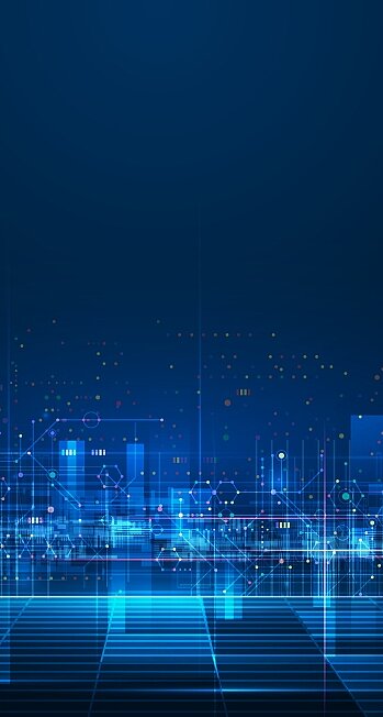 The picture shows a city skyline in blue with neon light.