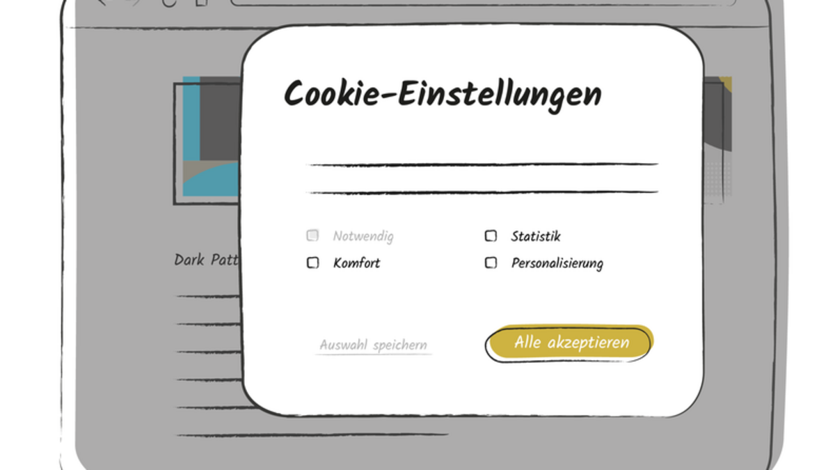 Die stilisierte Darstellung einer Webseite mit geöffnetem Cookie-Banner. Darauf steht "Cookie-Einstellungen". Es gibt die Auswahlmöglichkeiten "Notwendig", "Komfort", "Statistik" und "Personalisierung". "Notwendig" ist dabei ausgegraut dargestellt. Darunter gibt es die beiden Buttons "Auswahl speichern" sowie "Alle akzeptieren". "Auswahl speichern" ist ausgegraut und unauffällig. "Alle akzeptieren" ist gelb hinterlegt und deutlich auffälliger gestaltet.